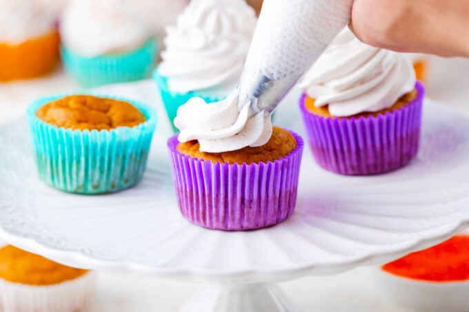 Frosting sweet potato pie cupcakes with cinnamon whipped cream.