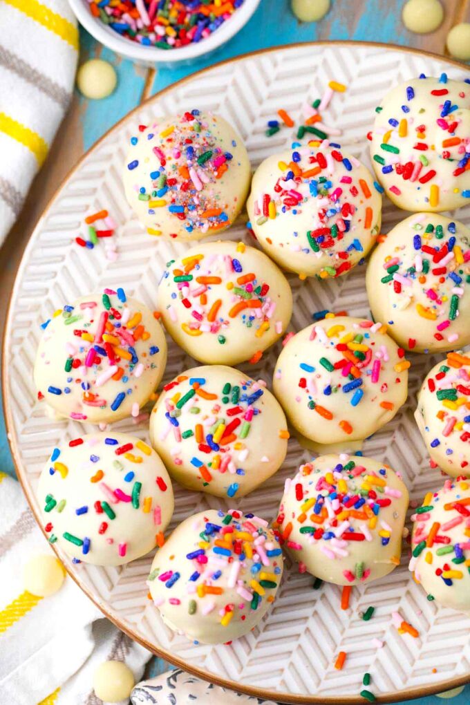 funfetti cake truffles on a serving plate