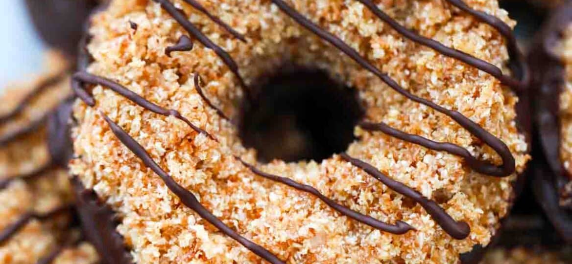 overhead shot of homemade girl scout samoas cookies stacked on a plate