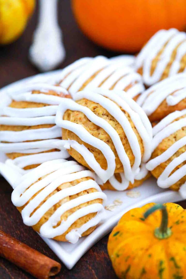 a plate with glazed pumpkin oatmeal cookies