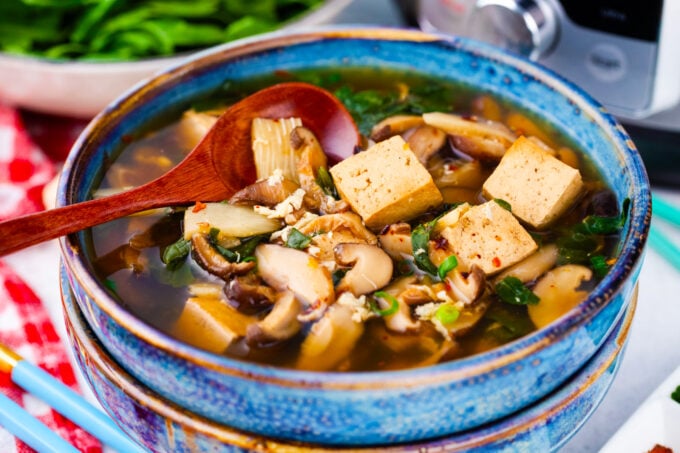 A bowl of Instant Pot hot and sour soup with tofu.
