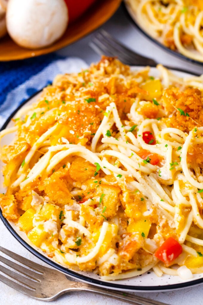 A plate of baked chicken spaghetti casserole with chicken and veggies with a crispy crack topping.