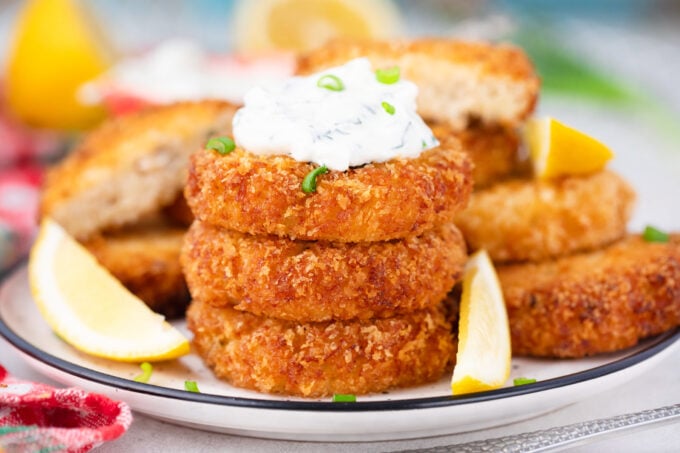 A plate of golden, crispy carb cakes.