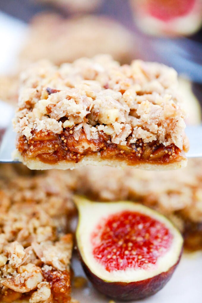 Homemade homemade fig bar on a serving spatula.