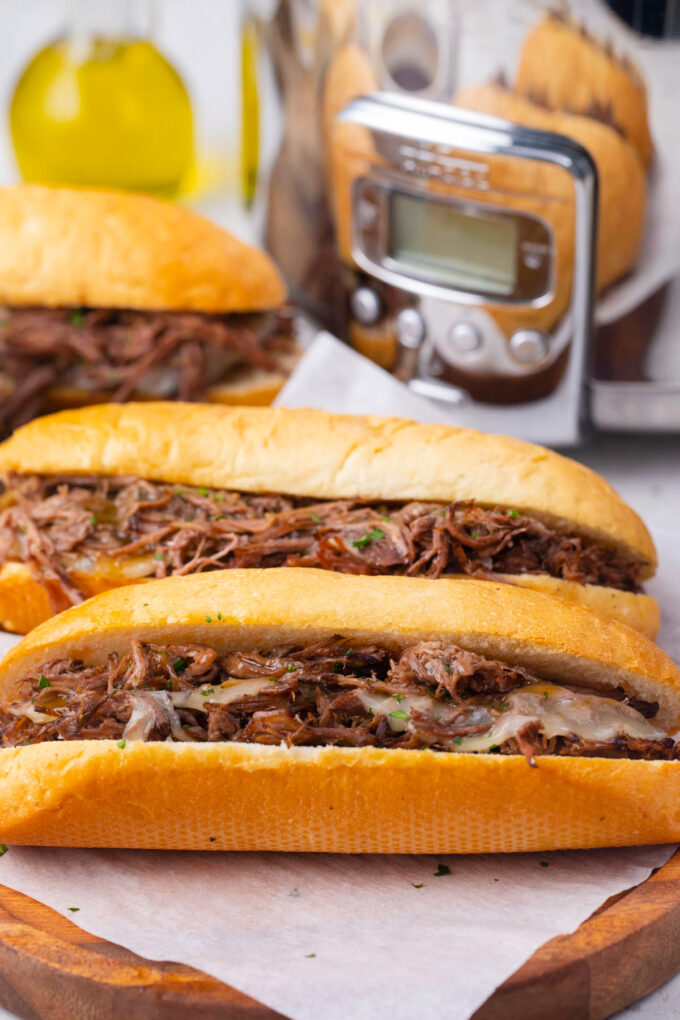 Homemade slow cooker French dip sandwiches.