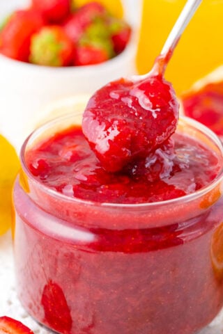 A spoonful of homemade strawberry jam.