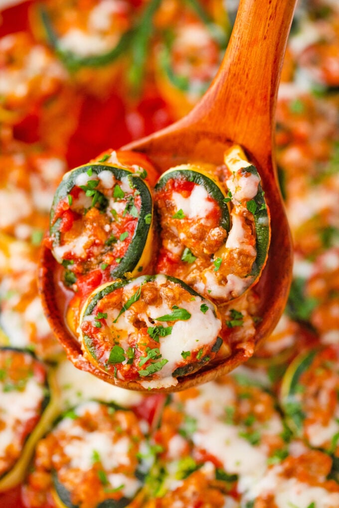 A serving of zucchini lasagna rollups.