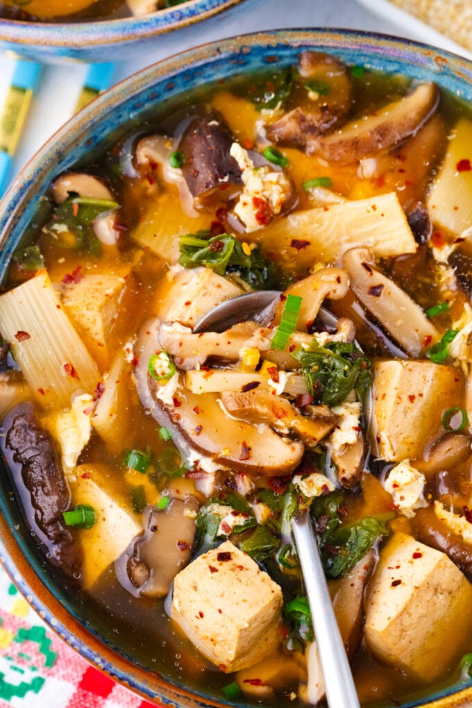 Instant Pot hot and sour soup with tofu and bamboo shots.