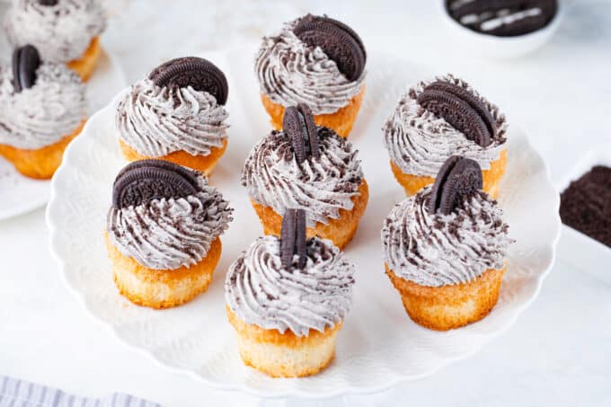 Cupcakes topped with homemade Oreo buttercream and minu Oreos.