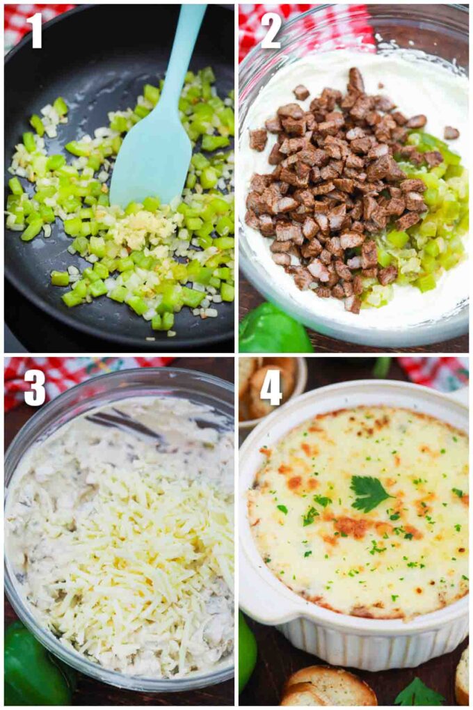 photo collage of steps how to make Philly cheesesteak dip