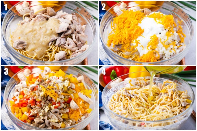 Collage of how to combine the ingredients to make baked chicken spaghetti casserole.