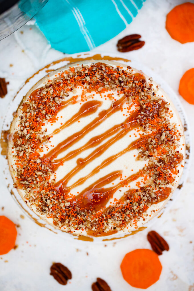 Overhead shot of homemade instant pot carrot cake cheesecake.