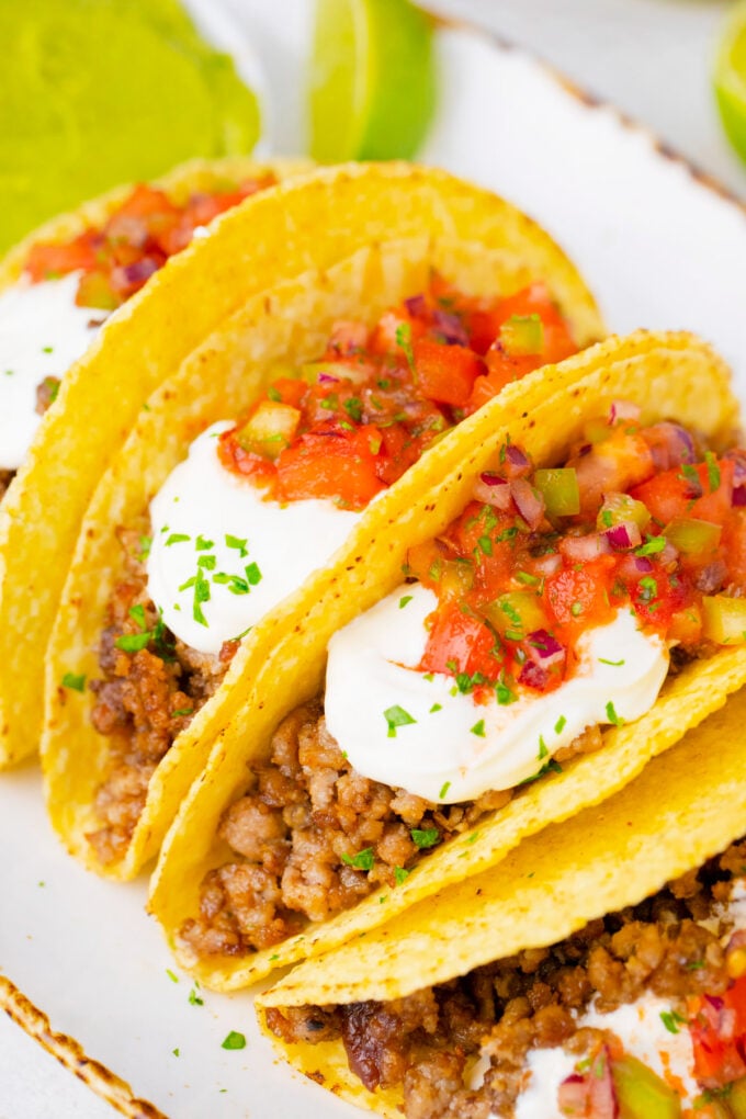 Tacos made with frozen beef that was cooked in the Instant Pot.