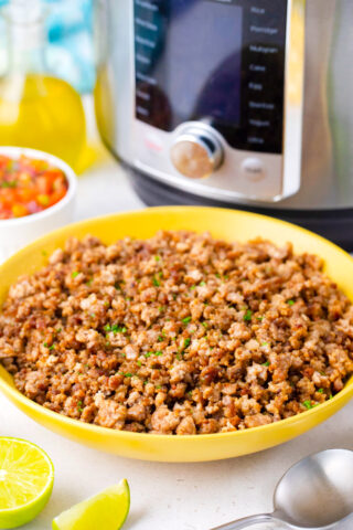 A bowl ground beef that was cooked in the instant pot.