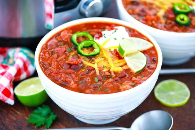 a horizontal shot of instant pot turkey chili in a bowl