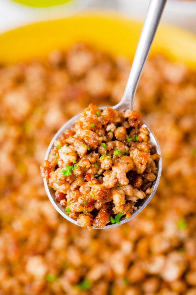 A spoonful of ground beef that was cooked in the instant pot.