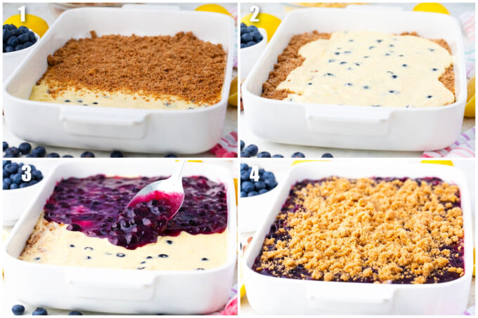 Layering a homemade blueberry coffee cake.