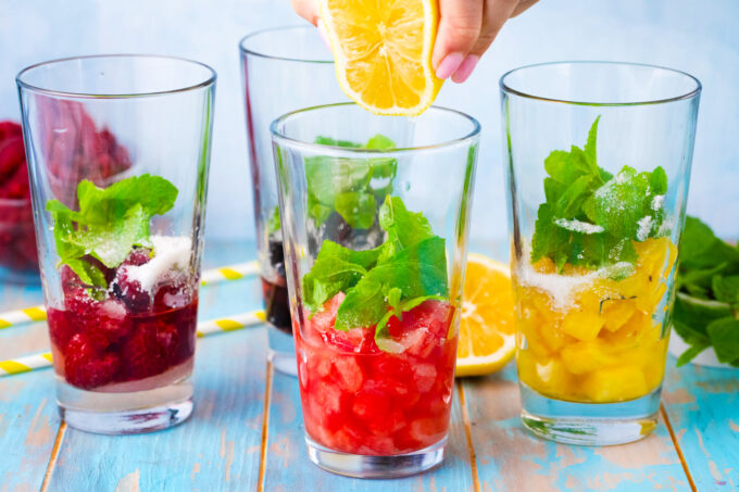 Making watermelon mojito.