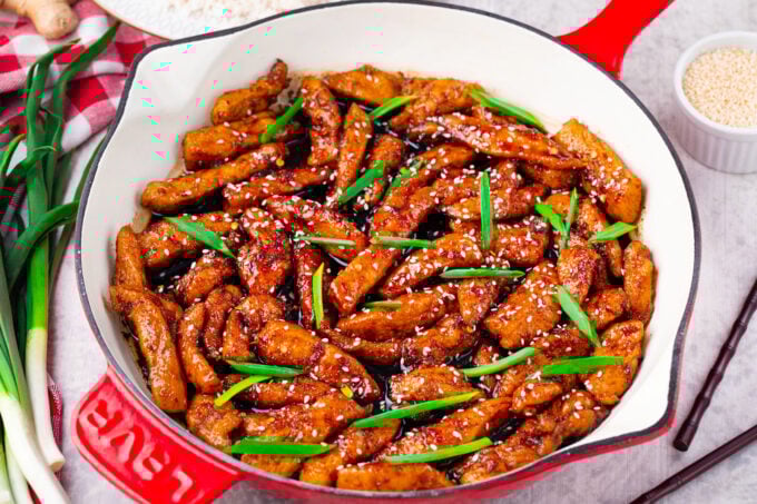 Mongolian chicken with green onions.