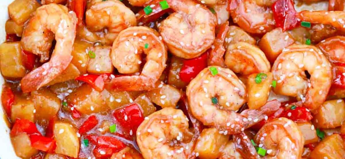 overhead shot of a pan with pineapple shrimp