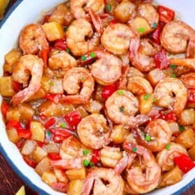 overhead shot of a pan with pineapple shrimp