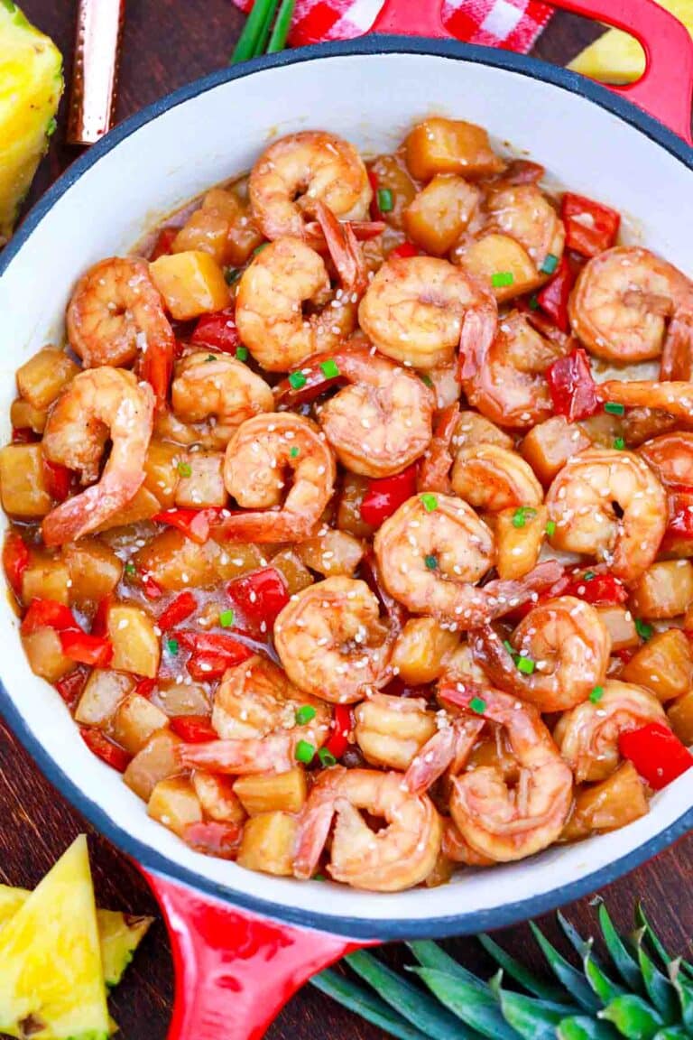 overhead shot of a pan with pineapple shrimp