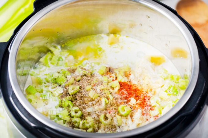 Loaded baked potato soup ingredients in the Instant Pot.