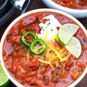 overhead shot of a bowl of instant pot turkey chili