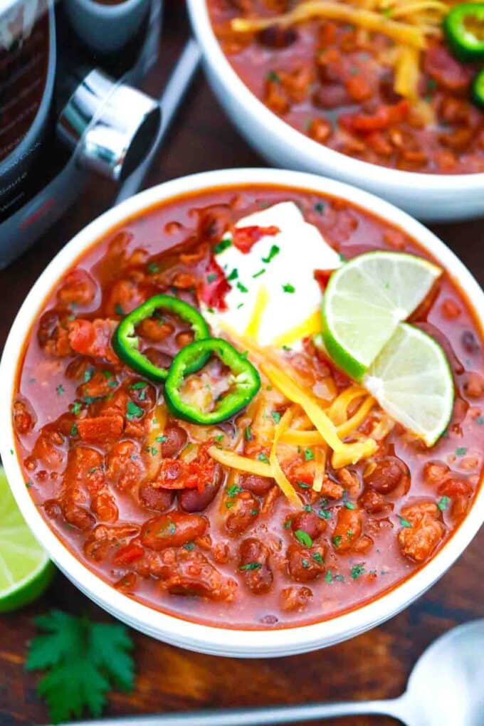 overhead shot of a bowl of instant pot turkey chili