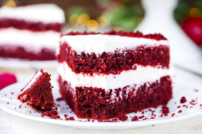 Homemade red velvet cake with cream cheese frosting.