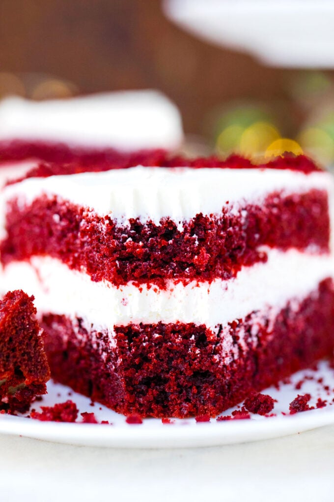 Soft and tender red velvet cake.