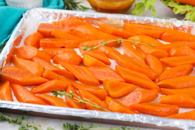 Brown sugar carrots on a bling sheet.