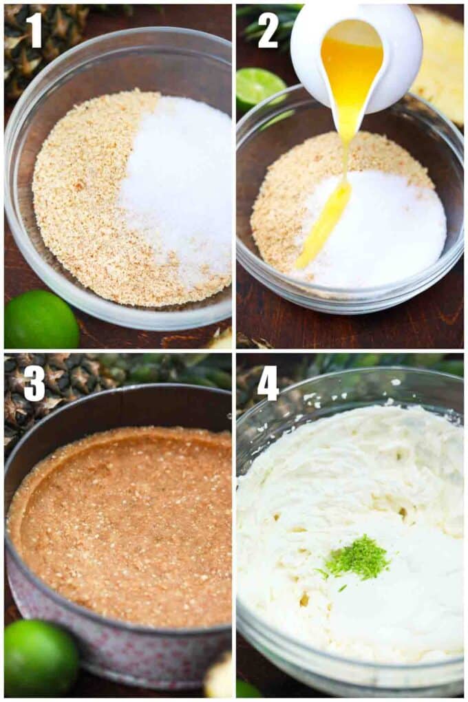 photo collage of steps how to make cheesecake crust