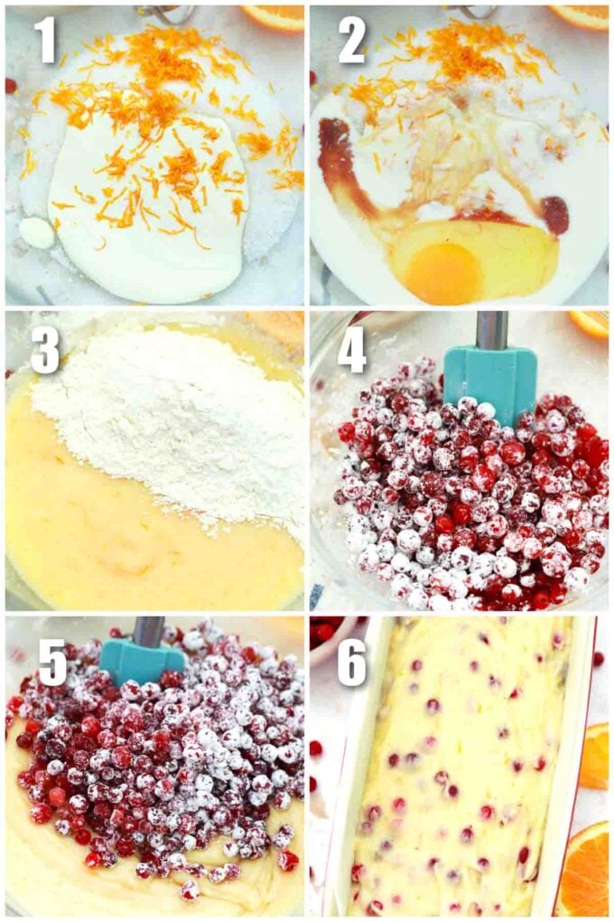 photo collage of steps how to make cranberry orange bread