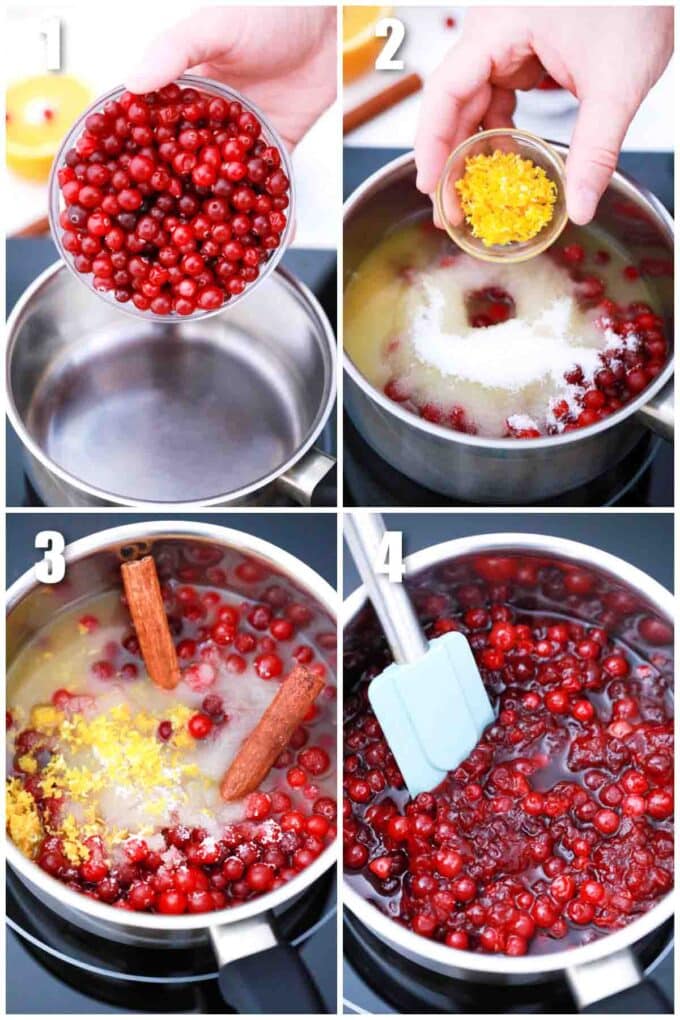 photo collage of steps how to make cranberry sauce
