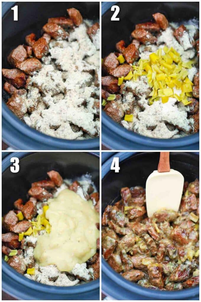 photo collage of steps how to make crockpot beef and noodles