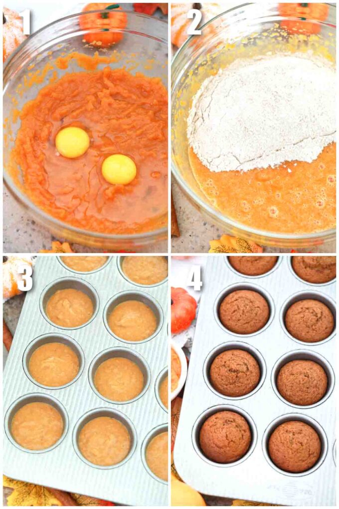 photo collage of steps how to make donut pumpkin muffins