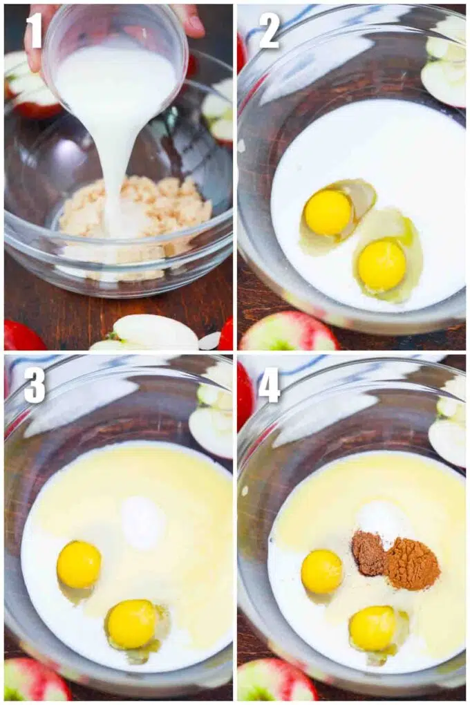 photo collage of steps how to make invisible apple cake batter