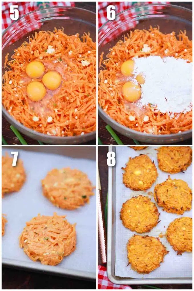 photo collage of steps how to make oven baked sweet potato fritters