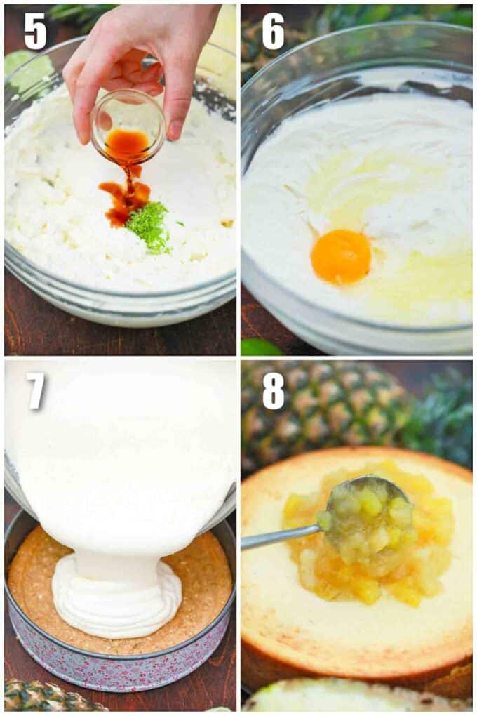 photo collage of steps how to make pineapple cheesecake