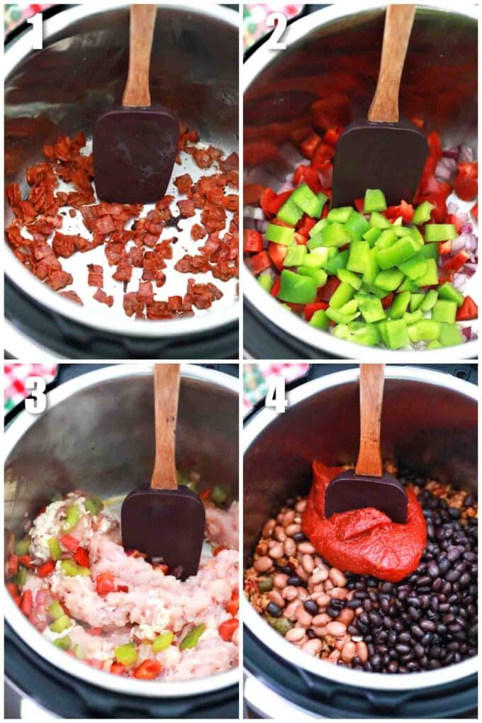 photo collage of steps how to make pressure cooker turkey chili