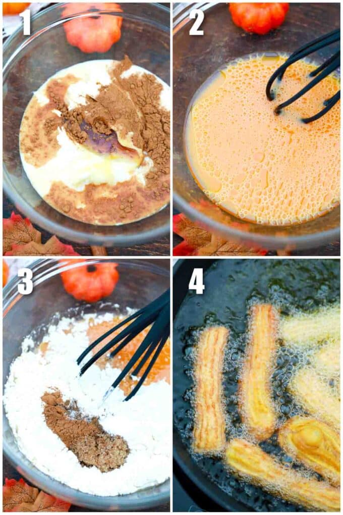 photo collage of steps how to make pumpkin churros