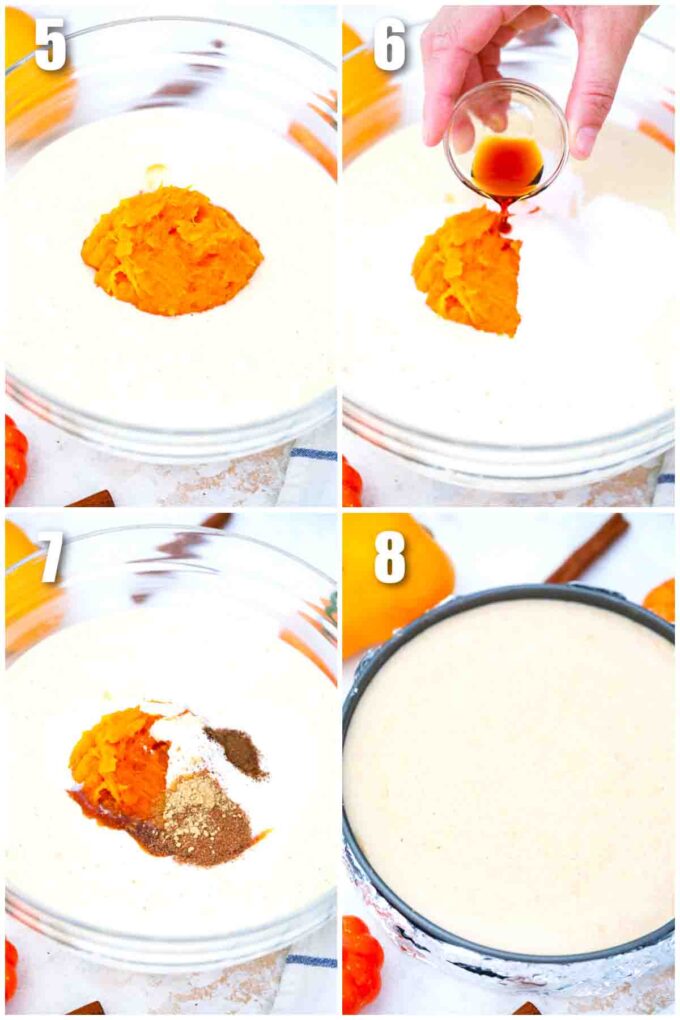 photo collage of steps how to make pumpkin pie cheesecake