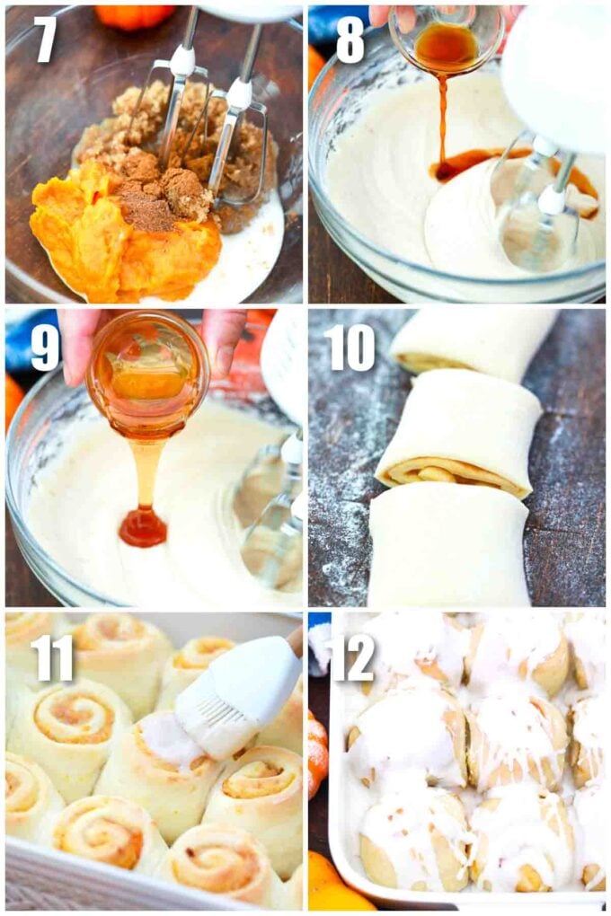 photo collage of steps how to make pumpkin pie cinnamon rolls with maple cream cheese frosting