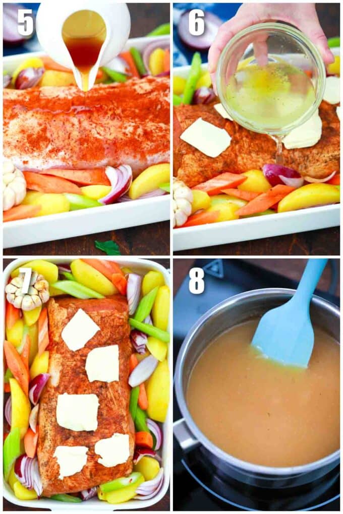 photo collage of steps how to make roasted maple pork loin