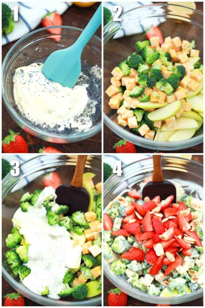 photo collage of steps how to make strawberry broccoli salad