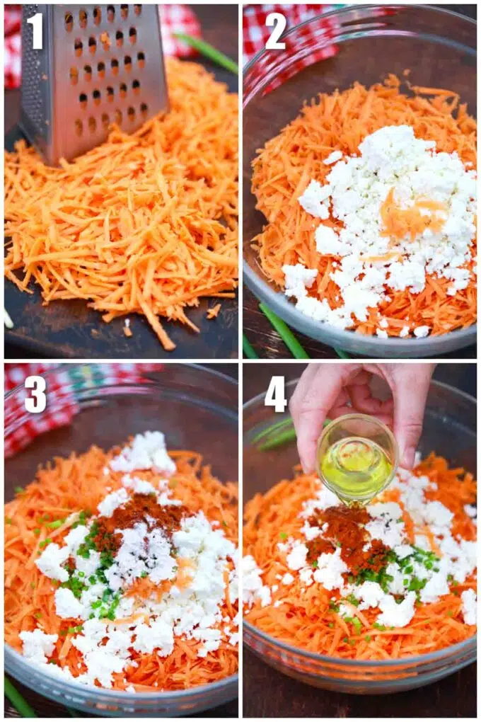 photo collage of steps how to make sweet potato fritters