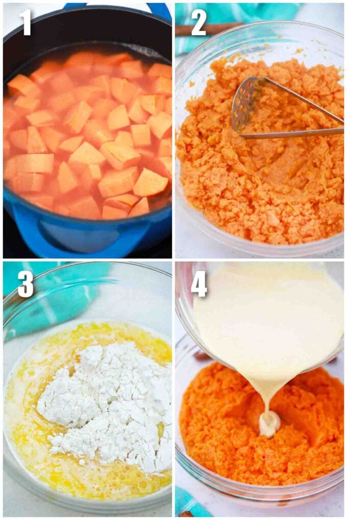 photo collage of steps how to make sweet potato souffle