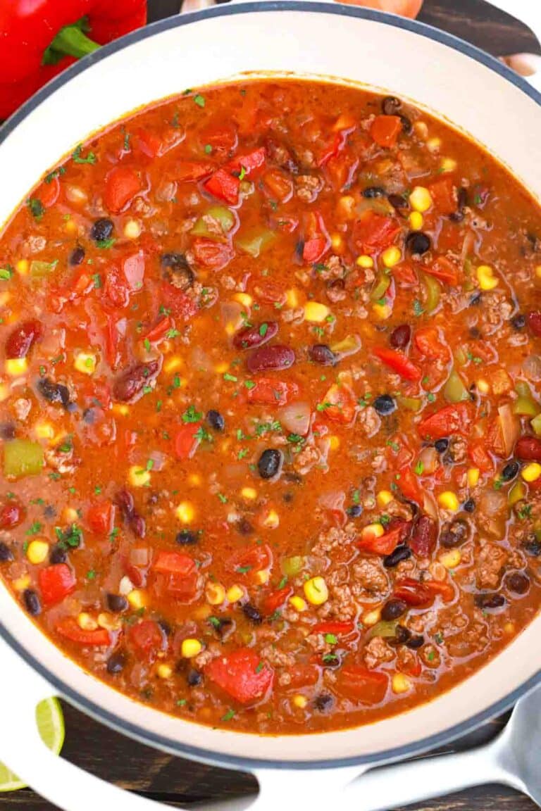 overhead shot of a pot of homemade taco soup