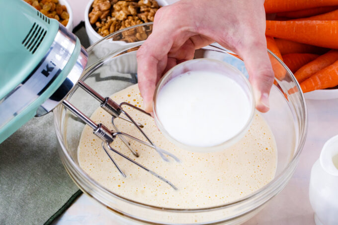 Wet ingredients for carrot cake.